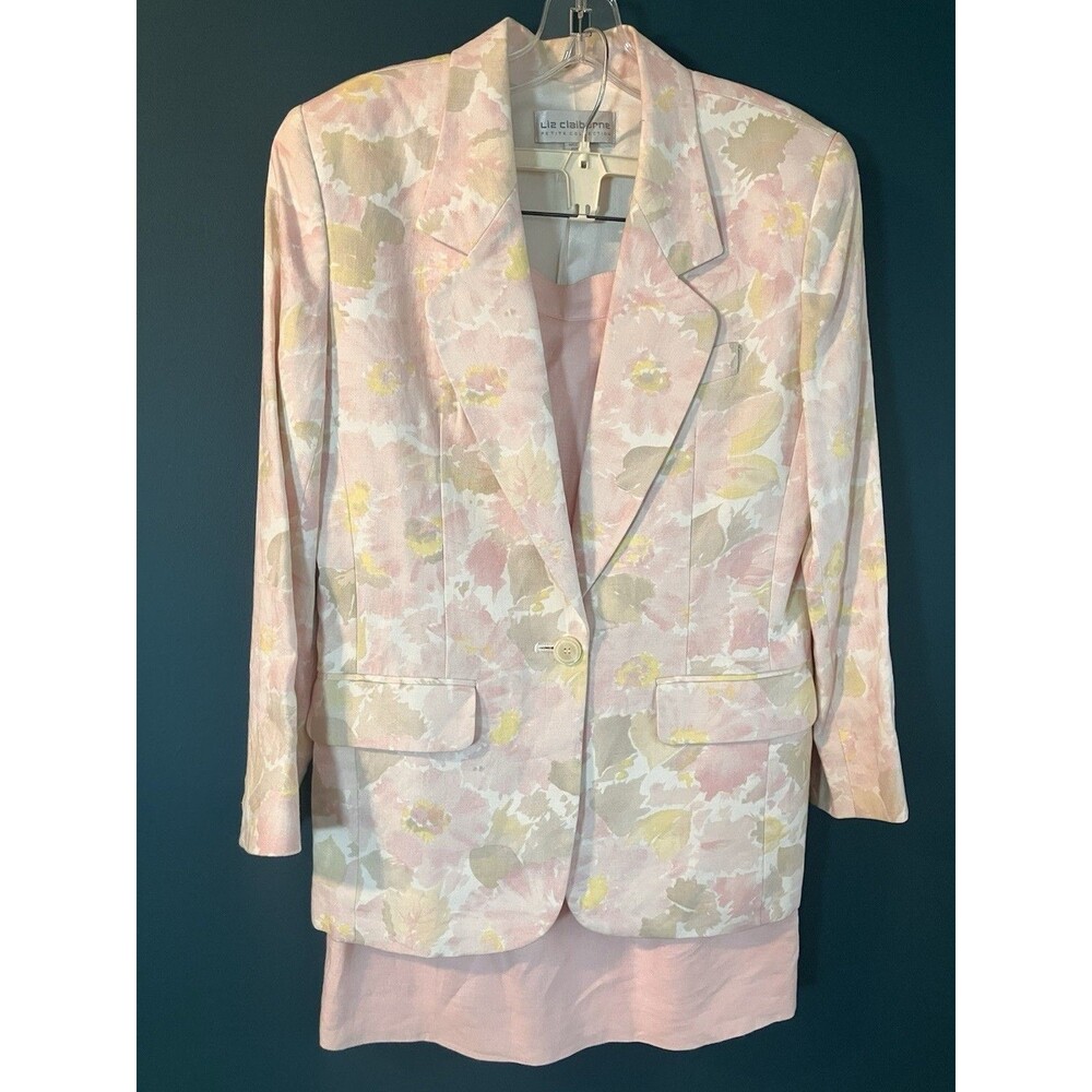 VTG 90s Liz Claiborne 100% Linen Light Pink Floral Jacket And Skirt Suit Size 6